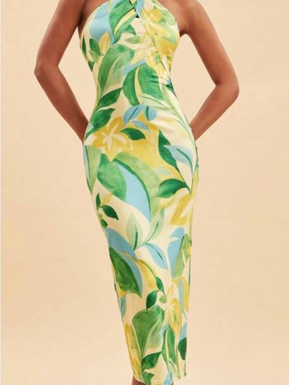 Strapless Tropical Leaf Midi Dress in Green & Yellow